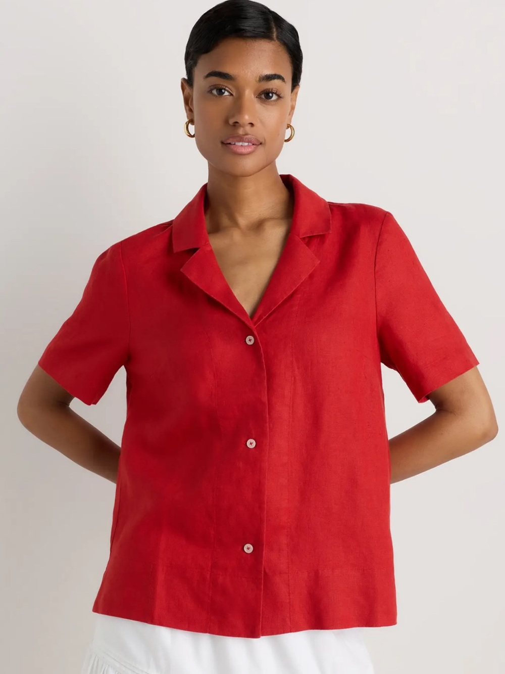 Quince 100% European linen red short sleeve button up blouse